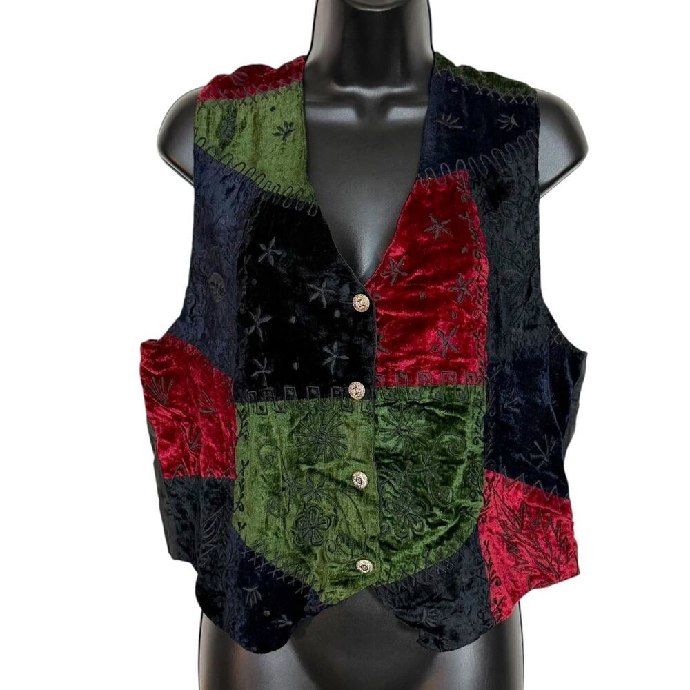 VTG 90s Bryn Connelly Velvet Patchwork Vest Embroidered Whimsigoth Women S